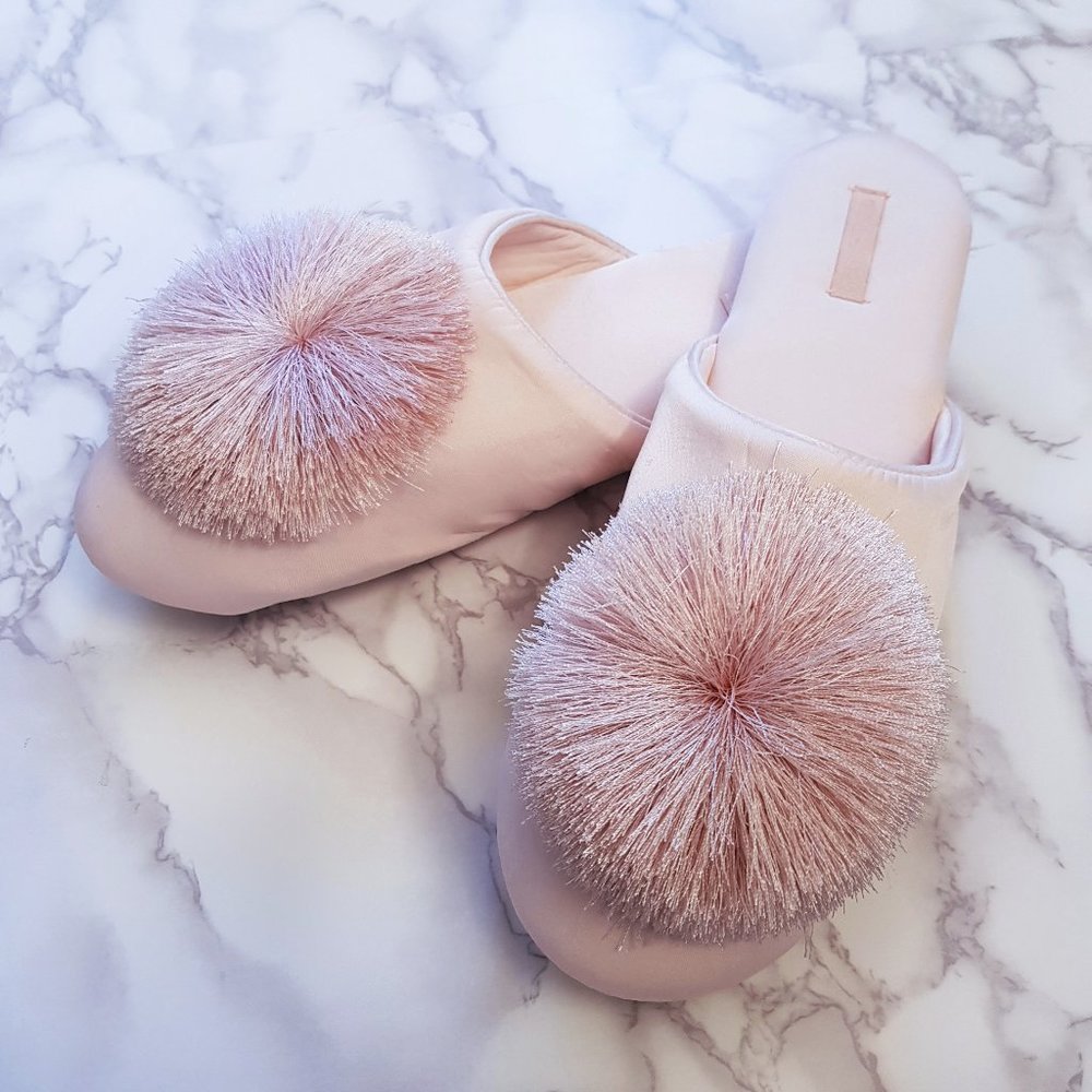 Elegant Women Indoor Satin Slippers with PomPoms